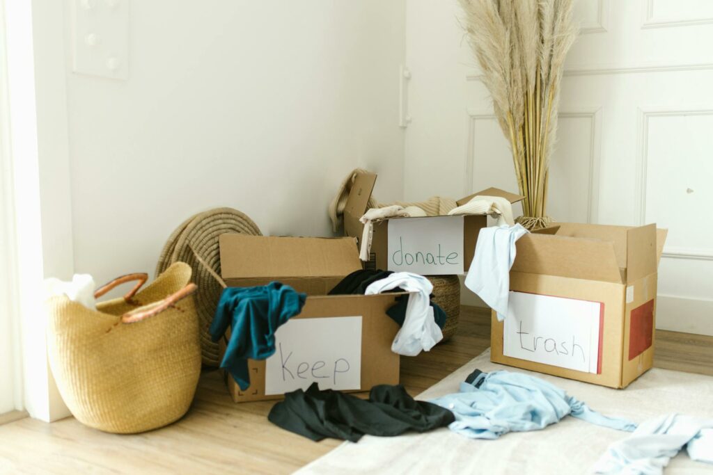 Use the four-box method to determine if you’ll donate, sell, discard or keep your stuff to reduce clutter.