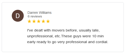 5-star customer review about Joey’s Movers prompt arrival and professionalism